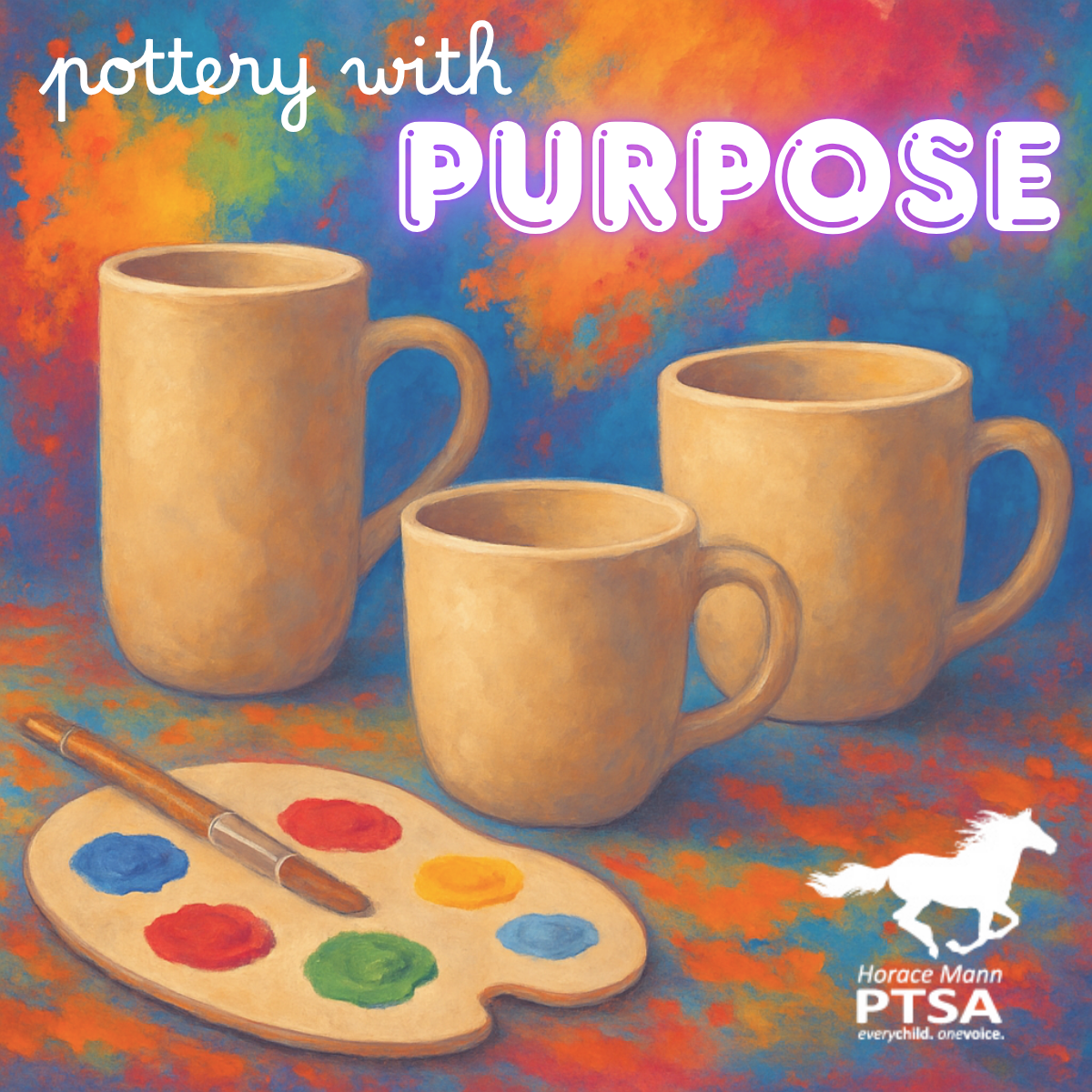 Image reading “Pottery with Purpose” showing unglazed pottery mugs and a paint palette on a colorful background, with the Horace Mann PTSA logo.