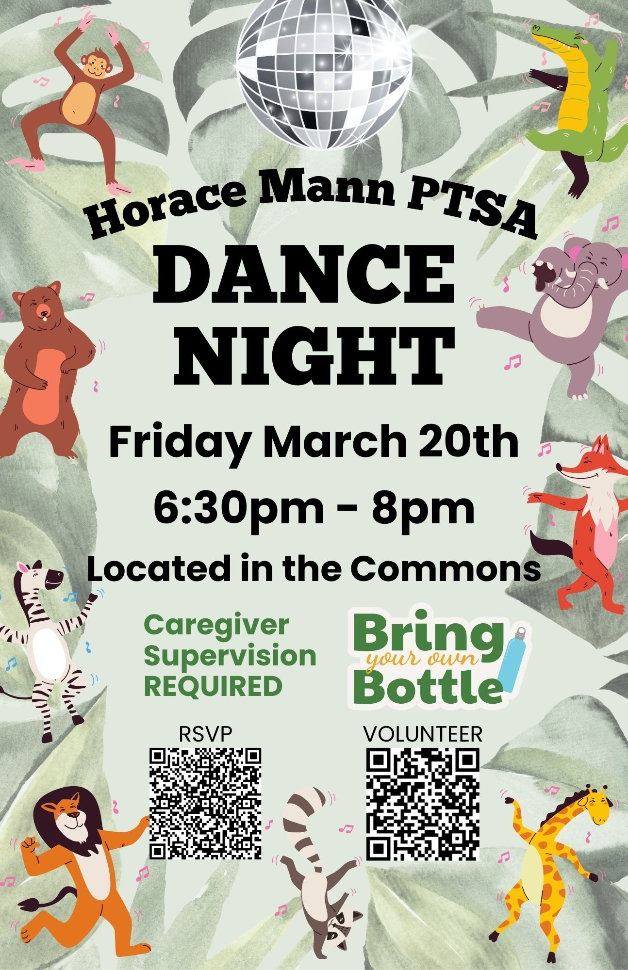 Dance Night - Friday March 20th, 6:30pm-8pm, Located in the Commons. Party Animals theme!