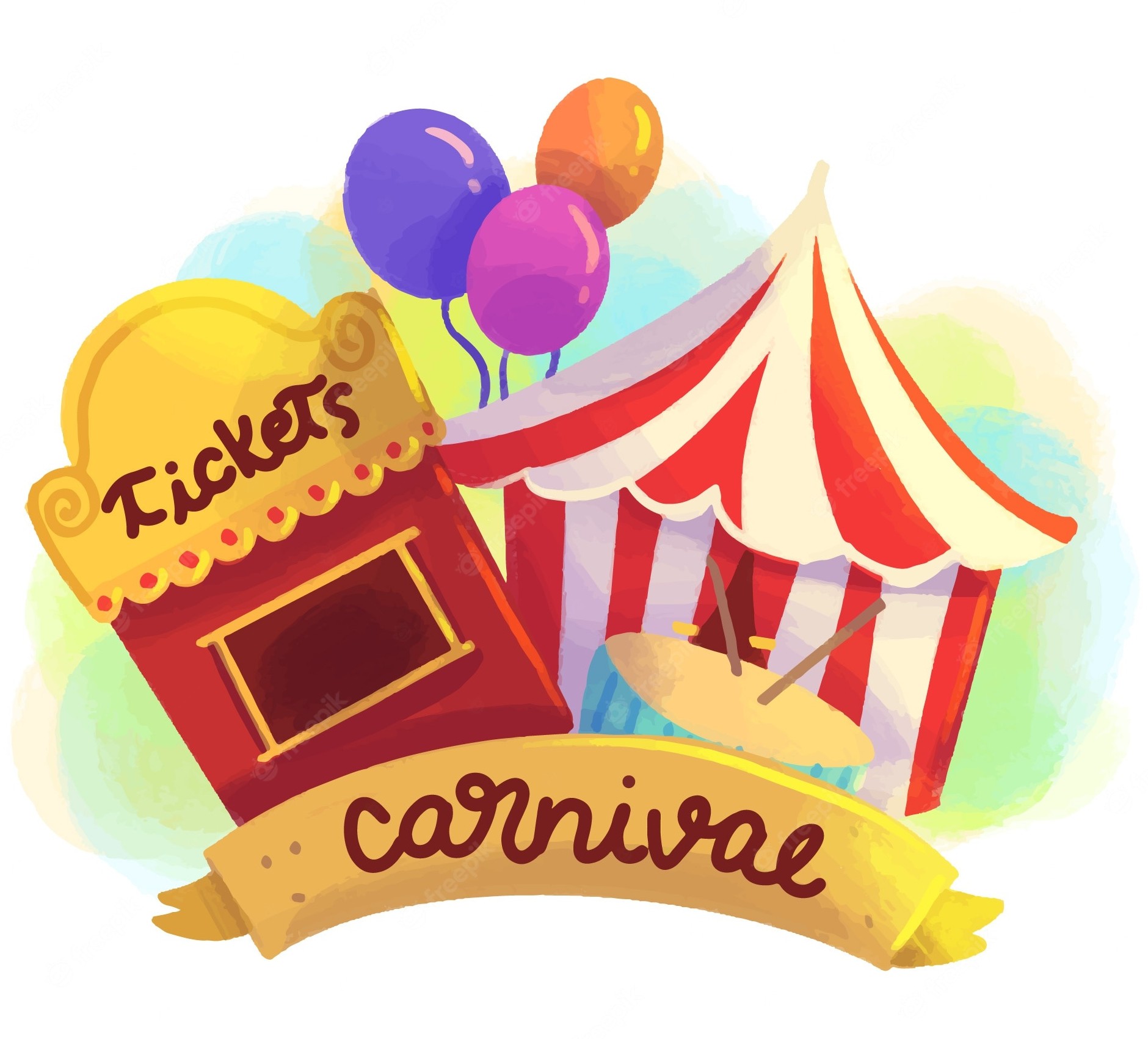 Colt Family Fun Night carnival illustration with tickets booth, tent, and balloons